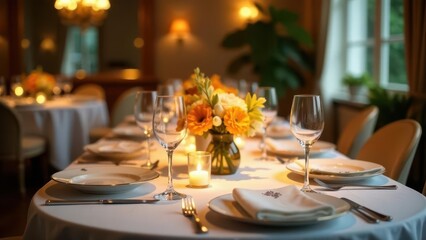 Elegant Dinner Table Setting with Warm Lighting and Floral Centerpiece