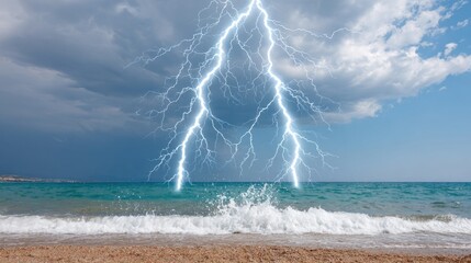 Lightning strikes the turquoise ocean, dramatic lightning storm over the sea, beach shore with incoming waves during a thunderstorm.