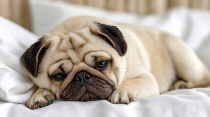 A Pug lies on a white, comfortable bed, looking sleepy with its head resting on the bedding.