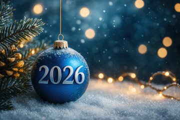 Carte de vœux 2026 avec boule de Noël bleue – fond bleu nuit élégant avec bokeh festif. Noël poster design

