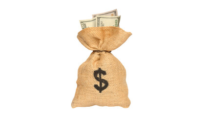 A burlap money bag with a prominent dollar sign, tied at the top and overflowing with US dollar...