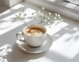 Coffee cup with delicate white flowers in soft natural morning light