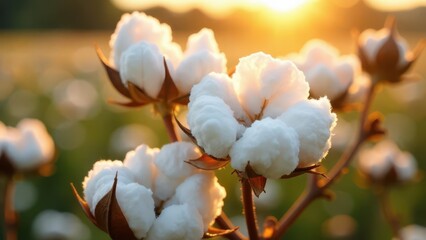 Golden Hour Cotton Blossoms A Close-Up View of Fluffy White Cotton Bolls on a Branch at Sunset