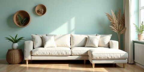 Serene Living Room Decor  Off-White Sectional Sofa with Natural Woven Accents and Sunlit Ambiance