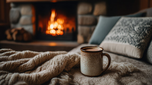 Cozy scene with warm mug on blanket in front of fireplace