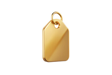 Golden metallic luggage tag with keyring attachment showing smooth reflective surface and curves, isolated on a transparent background