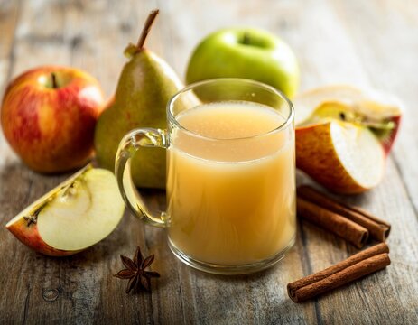 Hot apple cider with cinnamon sticks, star anise and fresh fruit on wooden table