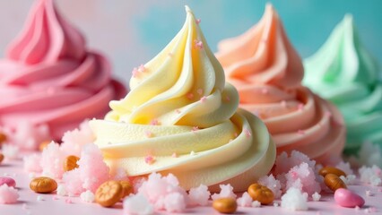 Whimsical Creamy Delights Pastel Swirls of Frosting Adorned with Delicate Sprinkles and Sweet Candy Crystals on a Pink Surface