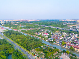 Aerial view of suburban park in Pudong New Area, Shanghai.