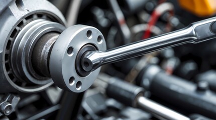 Close-up of a silver metallic wrench used for car maintenance, showcasing the intricate details of the tool and its application.