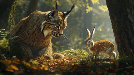 Lynx and rabbit face off in autumn forest.