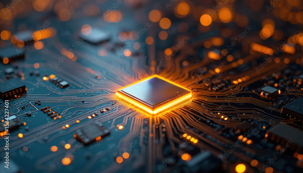 Poster Close-up, abstract photo glowing golden microprocessor at center intricate circuit board. Symbolizes power, potential tech, AI, computing, data processing, innovation, modern tech.