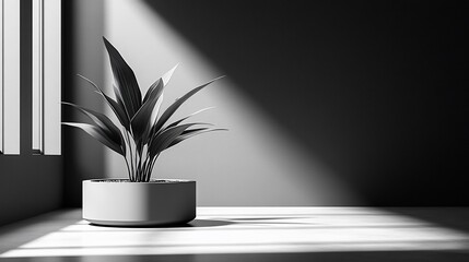 Monochromatic Elegance: Houseplant Accentuated by Sunlight and Shadow Display