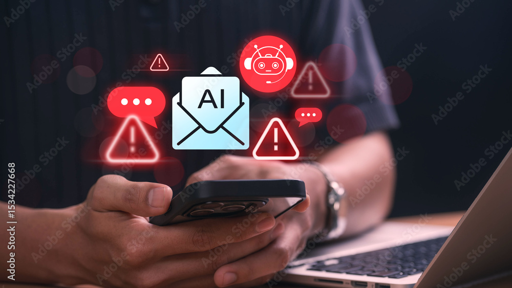 Poster AI email automation danger warning displayed on smartphone, indicating chatbot communication risks, data vulnerabilities, and system error alerts in intelligent message management environments