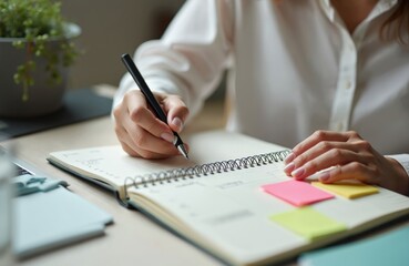 Woman writing notes in planner. Creative secretary makes planning, scheduling important meetings. Lady working in coworking office, noting agenda. Working on project, taking notes, making reminders