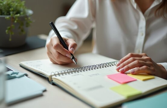 Woman writing notes in planner. Creative secretary makes planning, scheduling important meetings. Lady working in coworking office, noting agenda. Working on project, taking notes, making reminders - Powered by Adobe