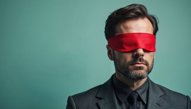 Man wearing red blindfold, symbol of blindness. Concept of ignorance, lack of vision, inability to see. Business corporate concept, loss, secret. Businessman in suit, dark background.