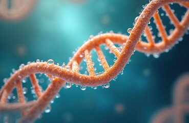 DNA strand on blue background with water drops. Molecular structure of gene, chromosome, genome. Biotechnology, bioinformatics, genetic engineering tech. Science background for medicine, biology,