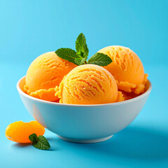 the image shows a white bowl filled with three scoops of bright orange frozen dessert, with fresh green leaves on top of the scoops