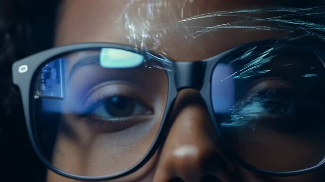 Close-up of a female programmer's eyes with eyeglasses in front of computer monitor. Behind her eyeglasses, her eyes convey passion and commitment to mastering the art of programming.