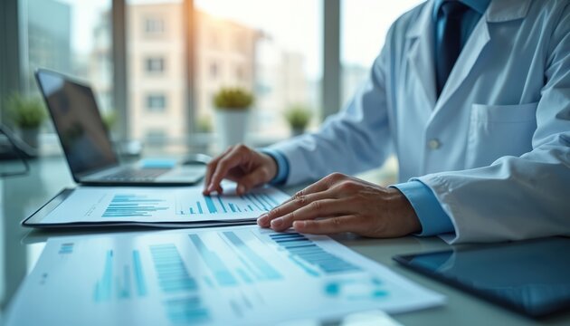 Doctor studies financial documents. Man in white coat analyzes data, graphs, charts. Laptop, tablet, papers on table. Medical expert performs research in office. Business analytics, data science.