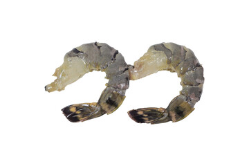 Obraz premium Two Fresh Black Tiger Shrimps Peeled with Tail Shells on White Background – Clipping Path Included