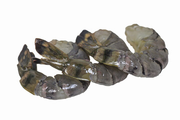 Raw Black Tiger Shrimp Peeled with Tails On, Overlapping in the Same Direction on White Background &ndash; Clipping Path Included