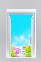 Fototapeta premium Open Window View of a Sunny Day with Pink Flowers and Blue Sky