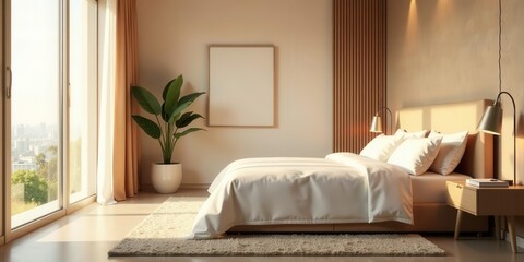 Serene Bedroom Interior Design Featuring Minimalist Decor and Sunlight Streaming Through Large Window