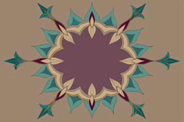 Intricate decorative floral mandala design with teal and purple leaf elements on brown background