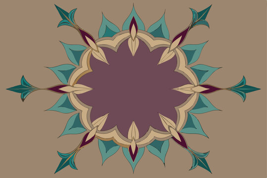 Intricate decorative floral mandala design with teal and purple leaf elements on brown background