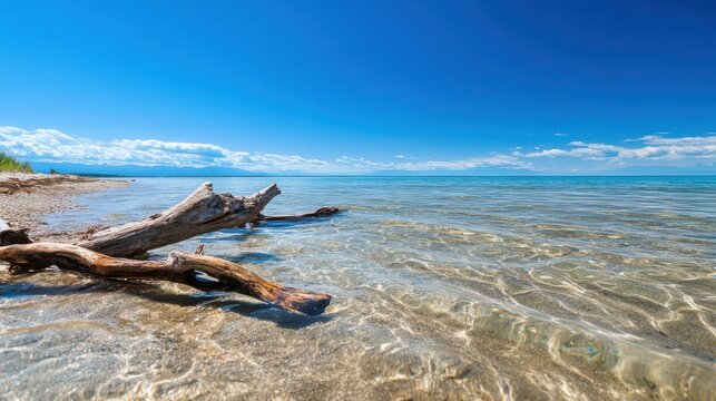 A long stretch of empty beach with clear blue water, no people in sight, and driftwood resting on the shore. - Powered by Adobe