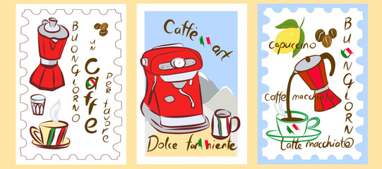 Coffee machine, coffee grinder, milk frother, filter coffee, French press. Hand drawn vector clip art.Poster, greeting cards.