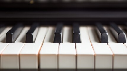 Close up detailed view of classic acoustic piano keyboard with black and white keys aligned in perspective, concept of music, harmony, melody, practice and classical instrument