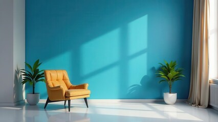 Fototapeta premium Serene Interior Design Featuring a Mustard Yellow Armchair and Lush Greenery Against a Vibrant Teal Wall