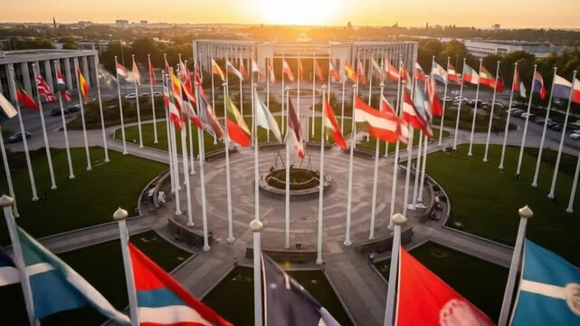 Many national flags wave at the circle