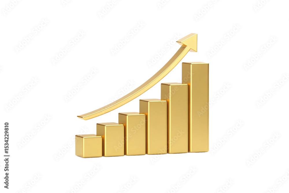Poster golden ascending bar graph with curved arrow indicating positive financial performance and growth, i