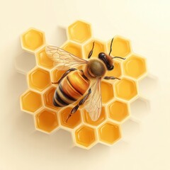 Realistic depiction of a honey bee on a beehive with intricate honeycomb structure showcasing nature's beauty and detail
