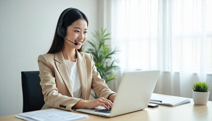 Asian young businesswoman call center service operator wearing microphone headset typing laptop computer while talking solving customer problem online in company office. Happy, friendly, smiling girl.