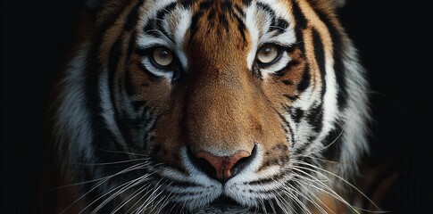Majestic tiger's intense gaze captured in striking detail against a dark backdrop showcasing its natural beauty