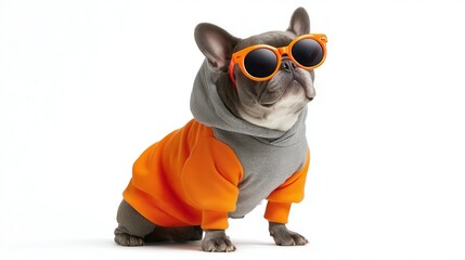 Stylish French bulldog in orange sunglasses and oversized hoodie posing on a white background