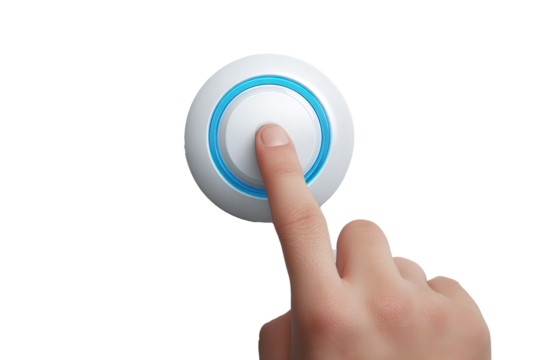 Engaging with technology through a delicate touch on a power button against a clean white backdrop for a modern aesthetic