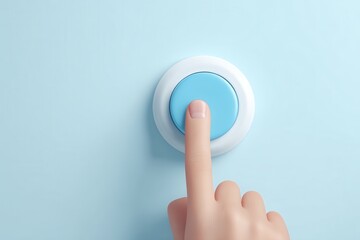 Close-up view of a finger activating a blue power button on a soft pastel background, emphasizing modern technology and simplicity