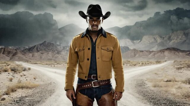 A rugged african american cowboy in a tan shirt and hat stands centered on a dusty highway flanked by mountains. Concept of frontier resilience.