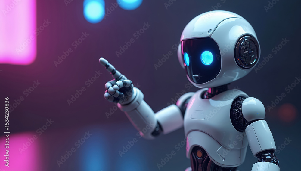 Aufkleber White robot points finger left against dark background with glowing lights. Futuristic AI concept, robotic android with blue eyes. Illustration shows technological progress, innovation.