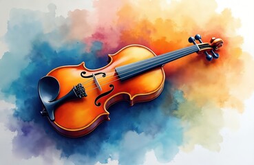 Watercolor painting of violin. Classical musical instrument, strings, bridge, scroll. Abstract colorful background with watercolor effects. Art, music, entertainment, leisure concept.