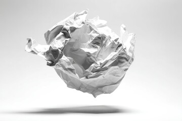 Obraz premium A single white crumpled paper ball floats dynamically against a bright gradient backdrop suitable for creative concepts or rejection themes.