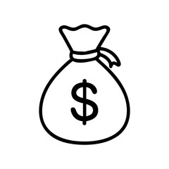 Minimalist Silhouette Icon of a Money Bag with Dollar Sign, Simple Black Line Art Design on White Background Representing Wealth, Savings, Finance, Banking, and Financial Success Concept