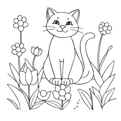 Vector art of a cheerful cat sits among tulips and daisies, a vector illustration isolated on white background
