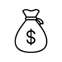 Minimalist Silhouette Icon of a Money Bag with Dollar Sign, Simple Black Line Art Design on White Background Representing Wealth, Savings, Finance, Banking, and Financial Success Concept